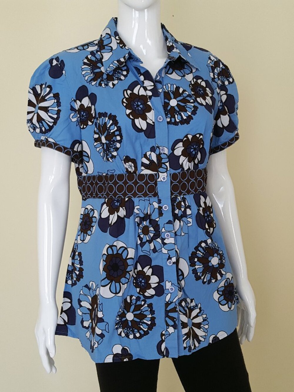 Studio Works Floral Empire Waist Button Up Top Blue Brown Cotton Blouse M